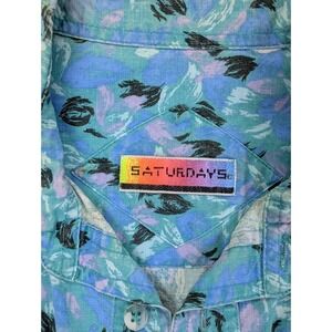 Vintage Saturdays Party Shirt Men Medium Blue Graphic Print Surfer 80s READ